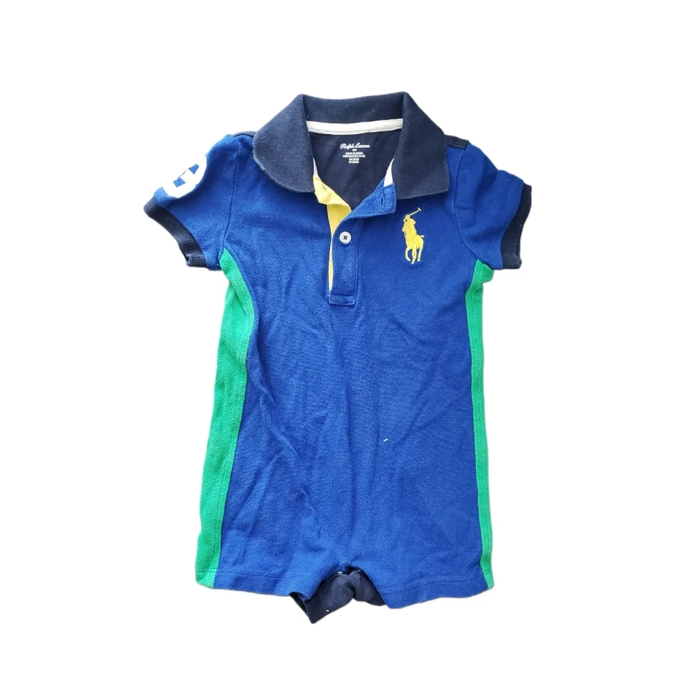 Ralph Lauren 9m Baby Boy Short Sleeve Big Pony Polo Shortall Romper